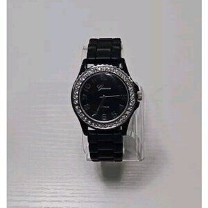Geneva Wrist Watch Black Silicone Buckle Band Rhinestone Jeweled New Battery